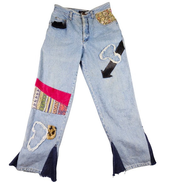 Triangle Denim - Vtg 80s Triangle Aquarius Rising Jeans Mixed Media Patchwork Flare Retro 30x28